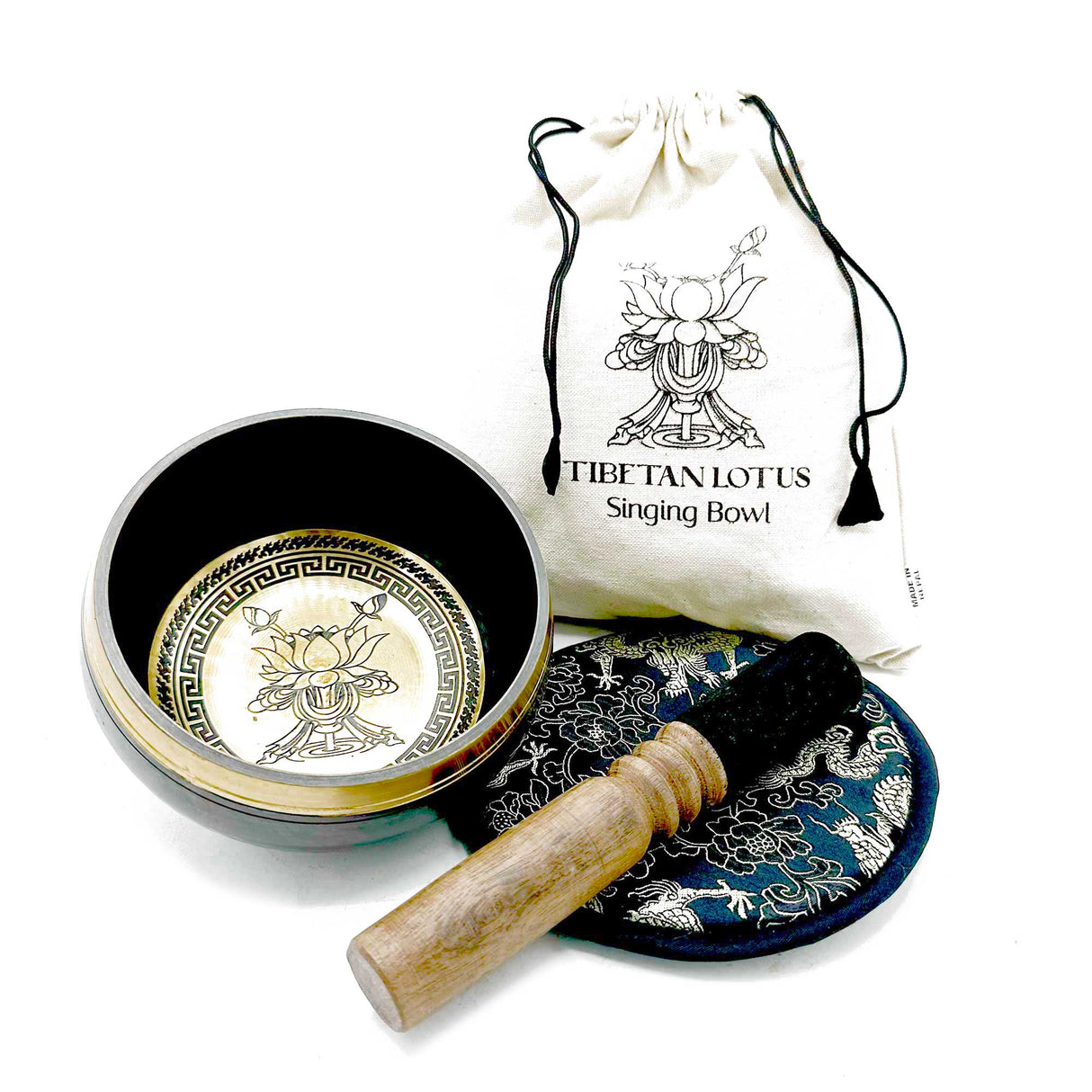 Singing Bowl Gift Set - 14cm - Lotus Flower - Hand Beaten & Engraved - SHAMTAM.COM