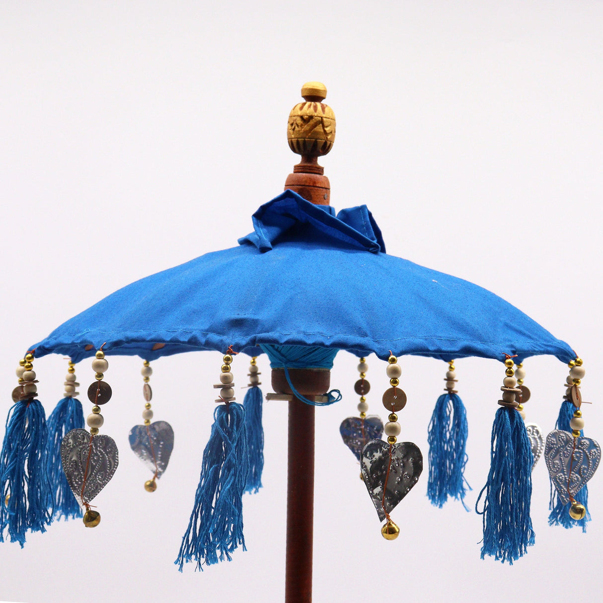 Handcrafted Bali Home Decor Parasol - 40cm Blue Cotton Umbrella with Tassels and Beads - SHAMTAM.COM