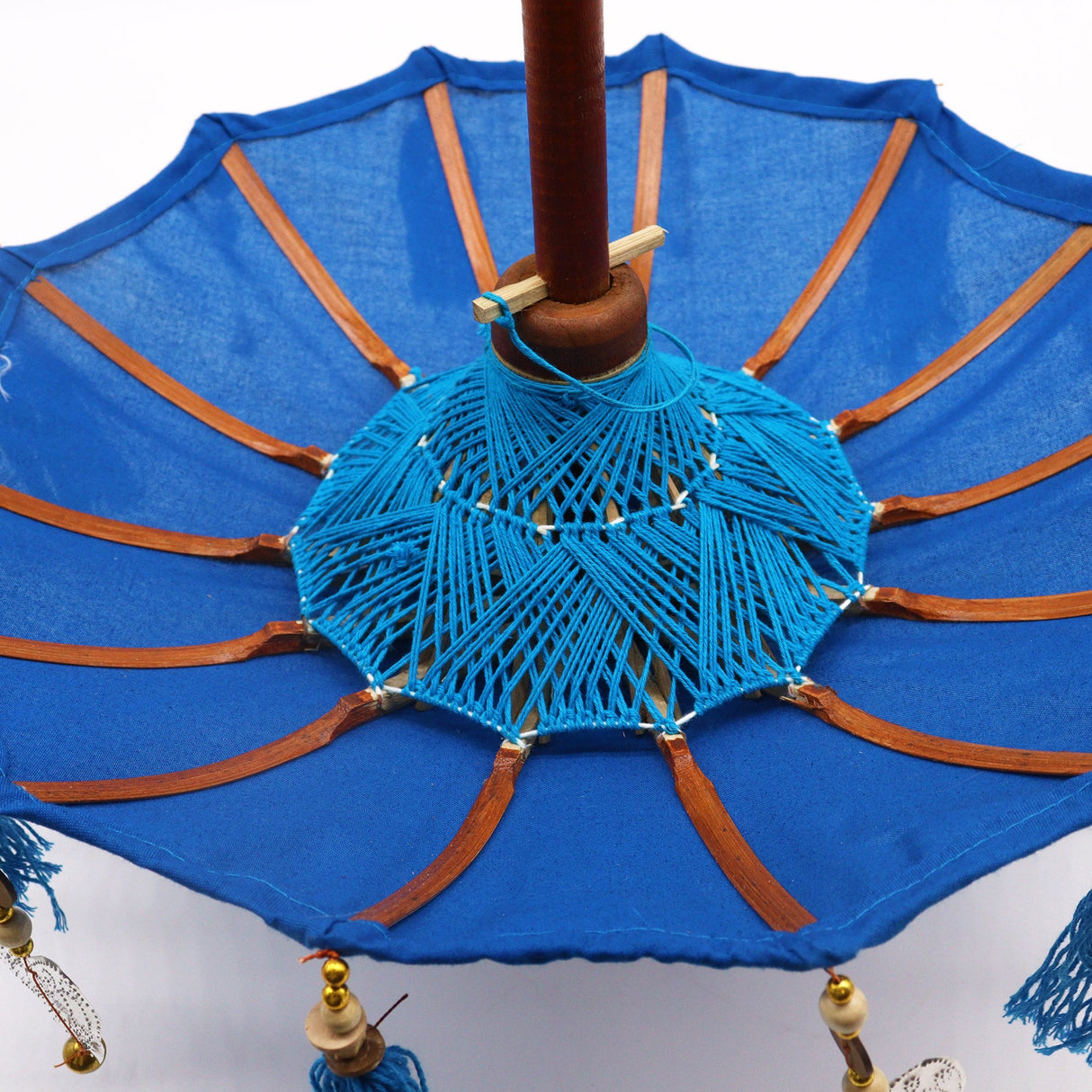 Handcrafted Bali Home Decor Parasol - 40cm Blue Cotton Umbrella with Tassels and Beads - SHAMTAM.COM