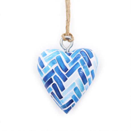Handcrafted Blue Striped Mosaic Wood Heart Ornament with Twine for Hanging - Herringbone Design Decor - SHAMTAM.COM