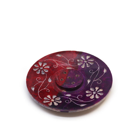 Handcrafted Floral Soapstone Disc Incense Burner - 5 Stick Holder, Red & Purple Design - SHAMTAM.COM