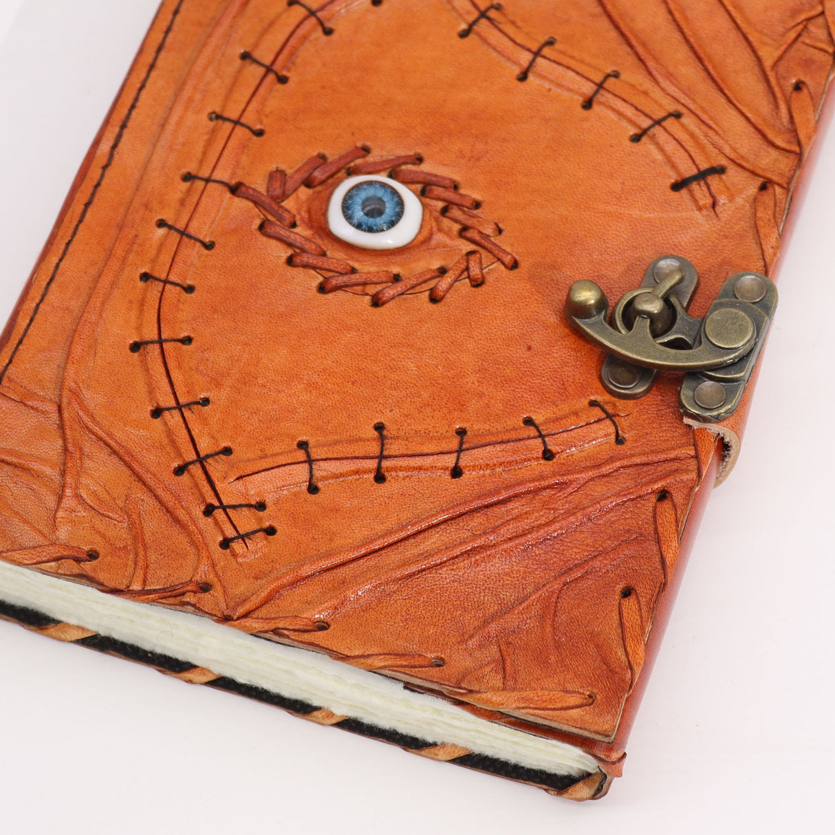 Handcrafted Leather Journal with Evil Eye Design - 160 Deckle Edge Pages, 20x15cm - Vintage Steampunk Notebook with Metal Clasp - SHAMTAM.COM