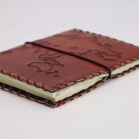 Handcrafted Leather Travel Journal with Map Design - Light Tan, 96 Pages, 17x13cm - Elegant Brown Cover with Black Elastic Band and Decorative Stitching - SHAMTAM.COM