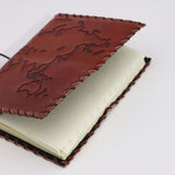 Handcrafted Leather Travel Journal with Map Design - Light Tan, 96 Pages, 17x13cm - Elegant Brown Cover with Black Elastic Band and Decorative Stitching - SHAMTAM.COM