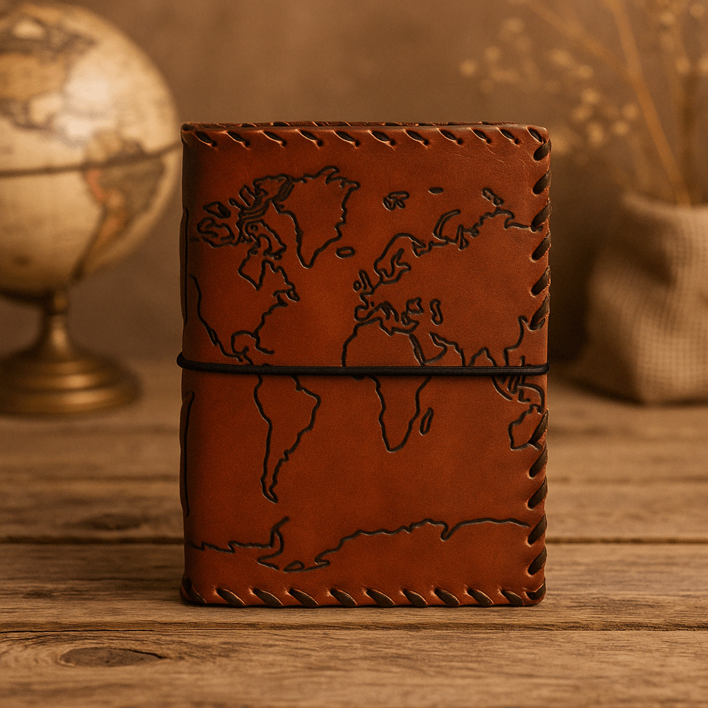 Handcrafted Leather Travel Journal with Map Design - Light Tan, 96 Pages, 17x13cm - Elegant Brown Cover with Black Elastic Band and Decorative Stitching - SHAMTAM.COM