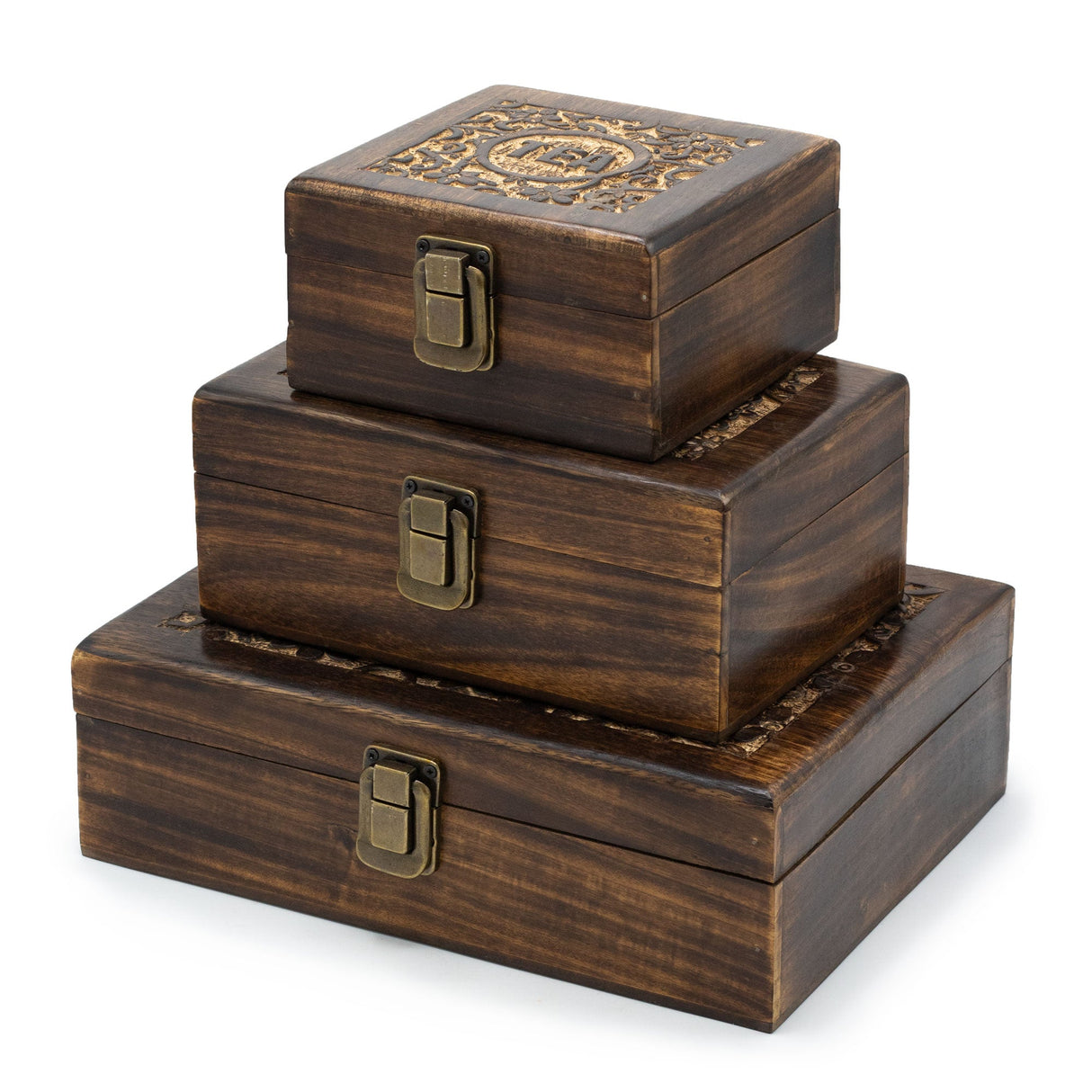Handcrafted Mango Wood Tea Storage Box with Floral Carvings and 6 Compartments - Elegant Dark Finish with Secure Brass Clasp - SHAMTAM.COM