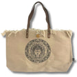 Handcrafted Natural Beige Tote Bag with Brown Leather Handles and Buddha Mandala Design – Eco - Friendly, Artistic, and Durable with Frayed Edges and Secure Closure - SHAMTAM.COM