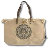 Handcrafted Natural Beige Tote Bag with Brown Leather Handles and Buddha Mandala Design – Eco - Friendly, Artistic, and Durable with Frayed Edges and Secure Closure - SHAMTAM.COM