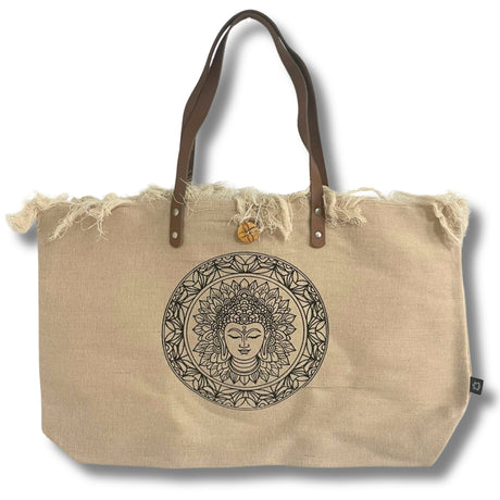 Handcrafted Natural Beige Tote Bag with Brown Leather Handles and Buddha Mandala Design – Eco - Friendly, Artistic, and Durable with Frayed Edges and Secure Closure - SHAMTAM.COM