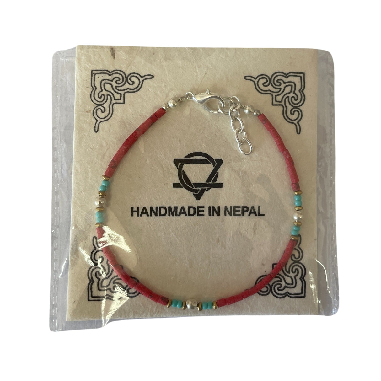 Handcrafted Nepalese Coral and Turquoise Tribal Bead Bracelet with Adjustable Chain - SHAMTAM.COM