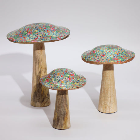 Handcrafted Small Wooden Mushroom Decor with Mediterranean Tile Pattern – Vibrant Artistic Accent for Home - SHAMTAM.COM