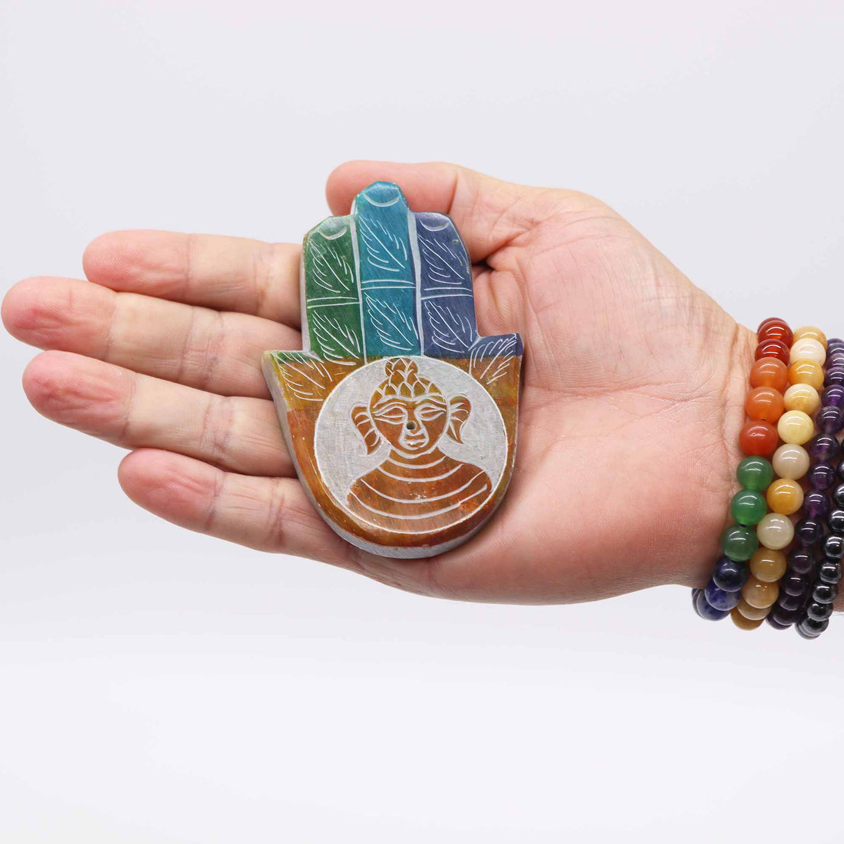 Handcrafted Soapstone Hamsa Incense Burner with Buddha Engraving for Spiritual Protection and Serenity - SHAMTAM.COM