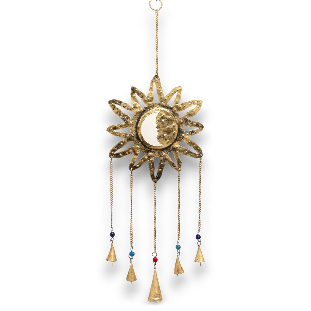 Handcrafted Sun & Moon Wind Chime with Mirror Accent and 5 Brass Bells - Bohemian Home Decor from India - SHAMTAM.COM
