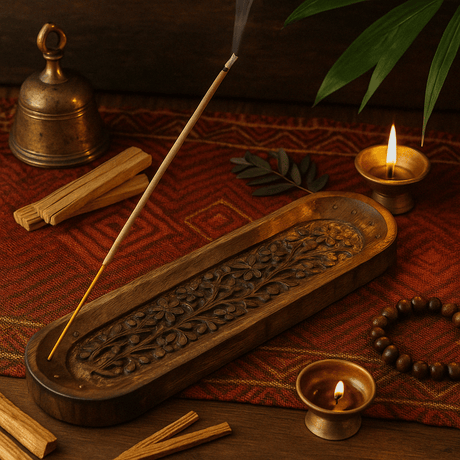 Handcrafted Wooden Incense Holder with Floral Carvings - Large 30x10cm Oval Tray - SHAMTAM.COM