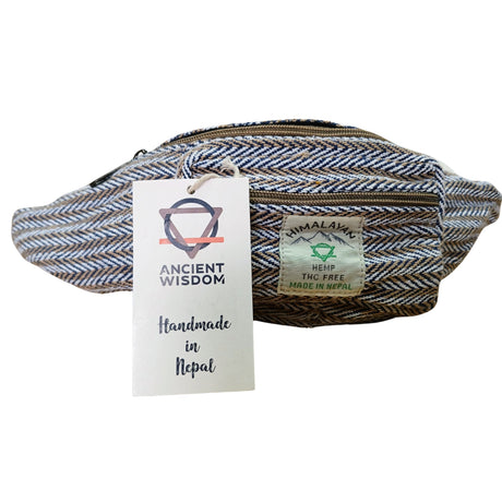 Handmade Blue Cotton Hemp Waist Bag with Herringbone Pattern - THC Free, Made in Nepal - SHAMTAM.COM