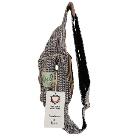 Handmade Blue Cotton Hemp Waist Bag with Herringbone Pattern - THC Free, Made in Nepal - SHAMTAM.COM