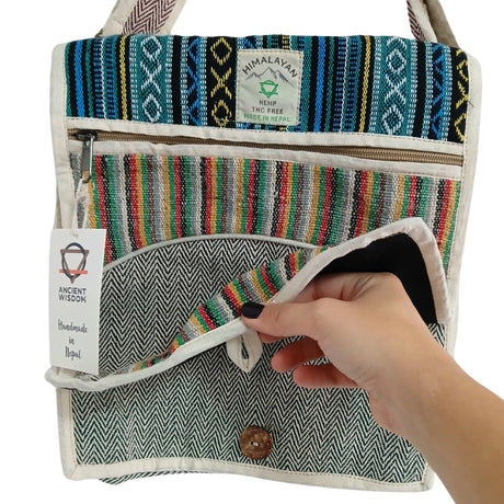Handmade Bohemian Hemp Laptop Messenger Bag with Colorful Striped Design from Nepal - SHAMTAM.COM