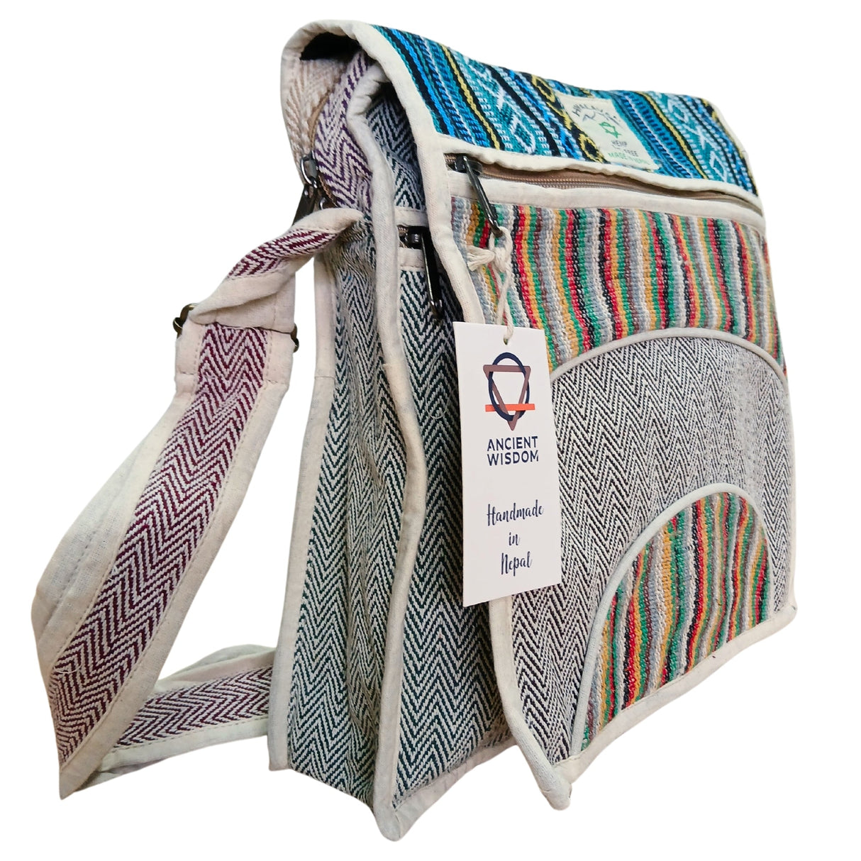 Handmade Bohemian Hemp Laptop Messenger Bag with Colorful Striped Design from Nepal - SHAMTAM.COM
