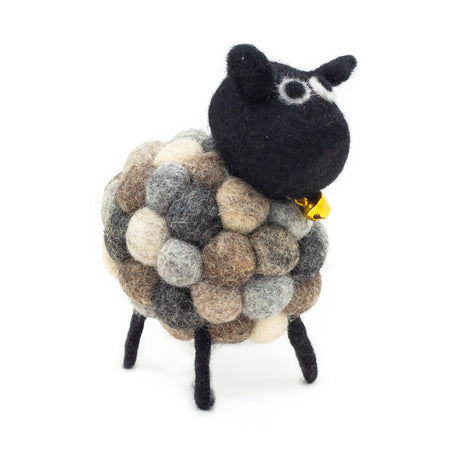Handmade Eco - Friendly Little Felt Sheep Decoration - Multi - Toned Greys with Bell Collar - SHAMTAM.COM