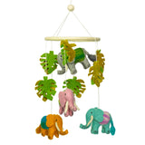 Handmade Felt Elephant Baby Mobile with Colorful Elephants and Green Monstera Leaves for Nursery Decor - SHAMTAM.COM
