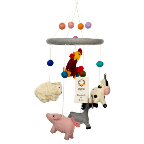 Handmade Felt Farm Animal Mobile for Nursery - Rooster, Sheep, Cow, Pig, Donkey - Crafted in Nepal by Ancient Wisdom - SHAMTAM.COM