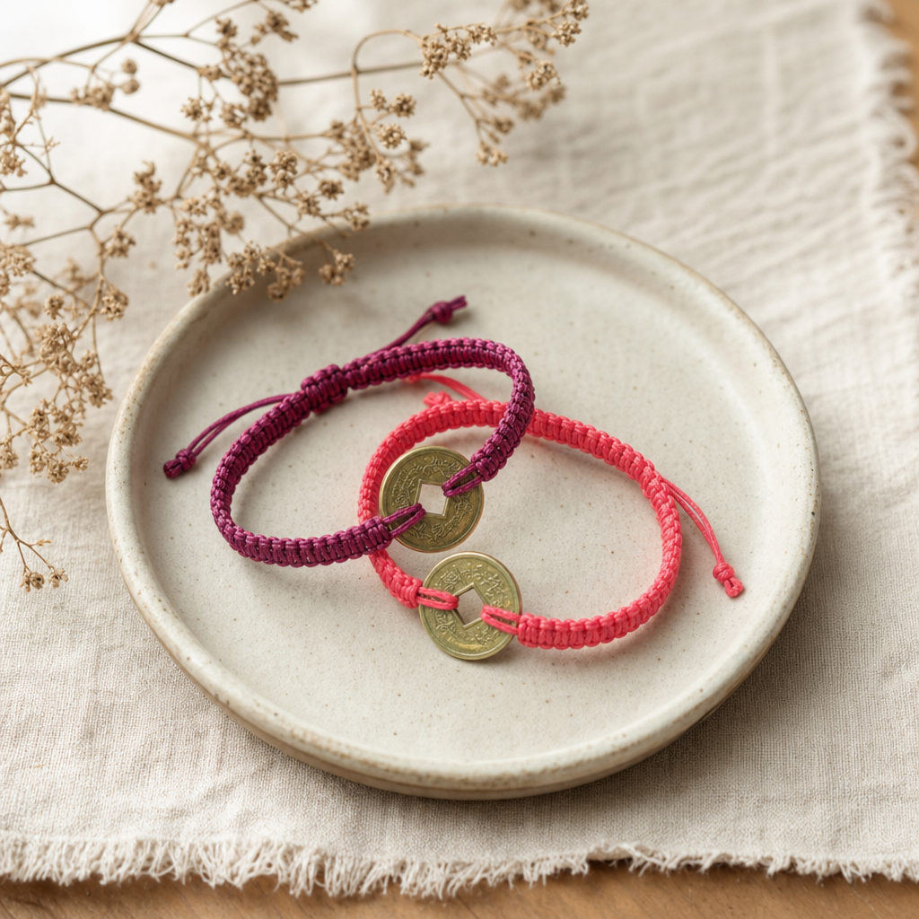 Handmade Friendship Bracelets - Lucky Friends Feng Shui Coin — styled in a warm, naturally lit interior