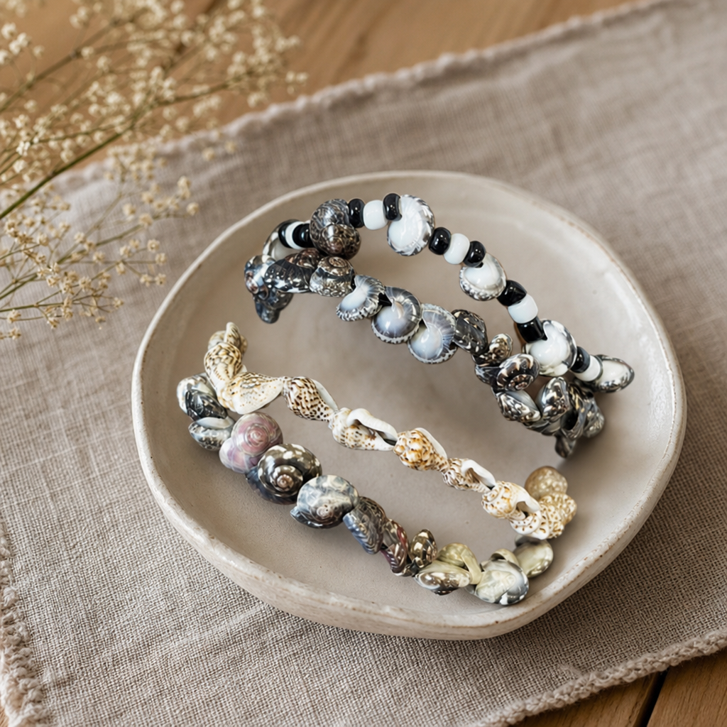 Handmade Friendship Bracelets - Tiny Besti Beach Shells — styled in a warm, naturally lit interior