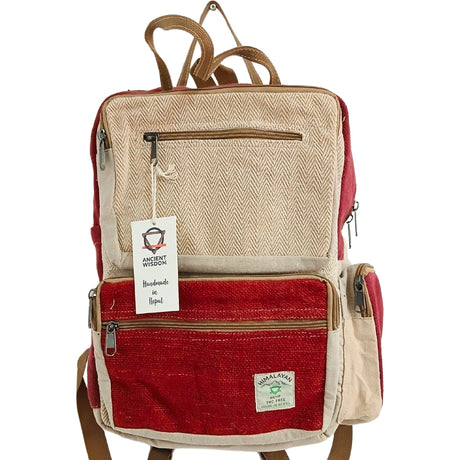 Handmade Large Boxy Hemp Backpack in Wine & Cream with Herringbone Pattern - Himalayan by Ancient Wisdom, Made in Nepal - SHAMTAM.COM