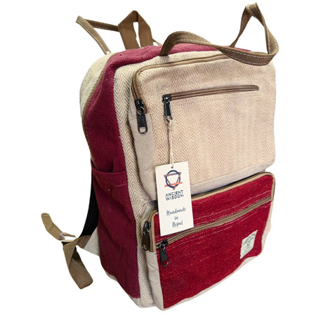 Handmade Large Boxy Hemp Backpack in Wine & Cream with Herringbone Pattern - Himalayan by Ancient Wisdom, Made in Nepal - SHAMTAM.COM