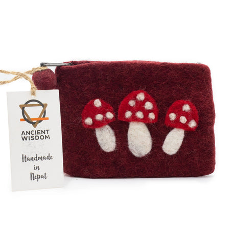 Handmade Natural Felt Zipper Pouch - Wild Mushrooms Design, Deep Red, by Ancient Wisdom, Made in Nepal - SHAMTAM.COM