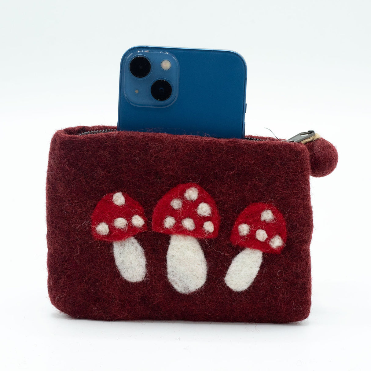 Handmade Natural Felt Zipper Pouch - Wild Mushrooms Design, Deep Red, by Ancient Wisdom, Made in Nepal - SHAMTAM.COM
