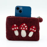 Handmade Natural Felt Zipper Pouch - Wild Mushrooms Design, Deep Red, by Ancient Wisdom, Made in Nepal - SHAMTAM.COM