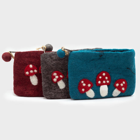 Handmade Natural Felt Zipper Pouch - Wild Mushrooms Design, Deep Red, by Ancient Wisdom, Made in Nepal - SHAMTAM.COM