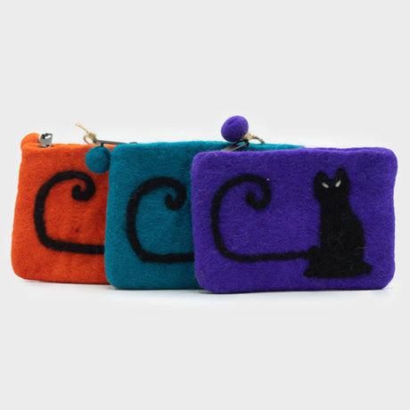 Handmade Orange Felt Cat Face Zipper Pouch - Ancient Wisdom, Nepal Craftsmanship - SHAMTAM.COM