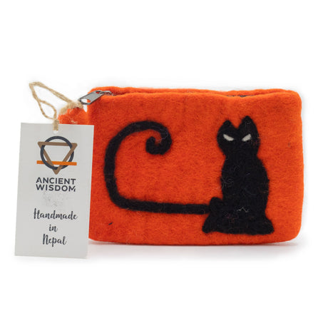 Handmade Orange Felt Cat Face Zipper Pouch - Ancient Wisdom, Nepal Craftsmanship - SHAMTAM.COM
