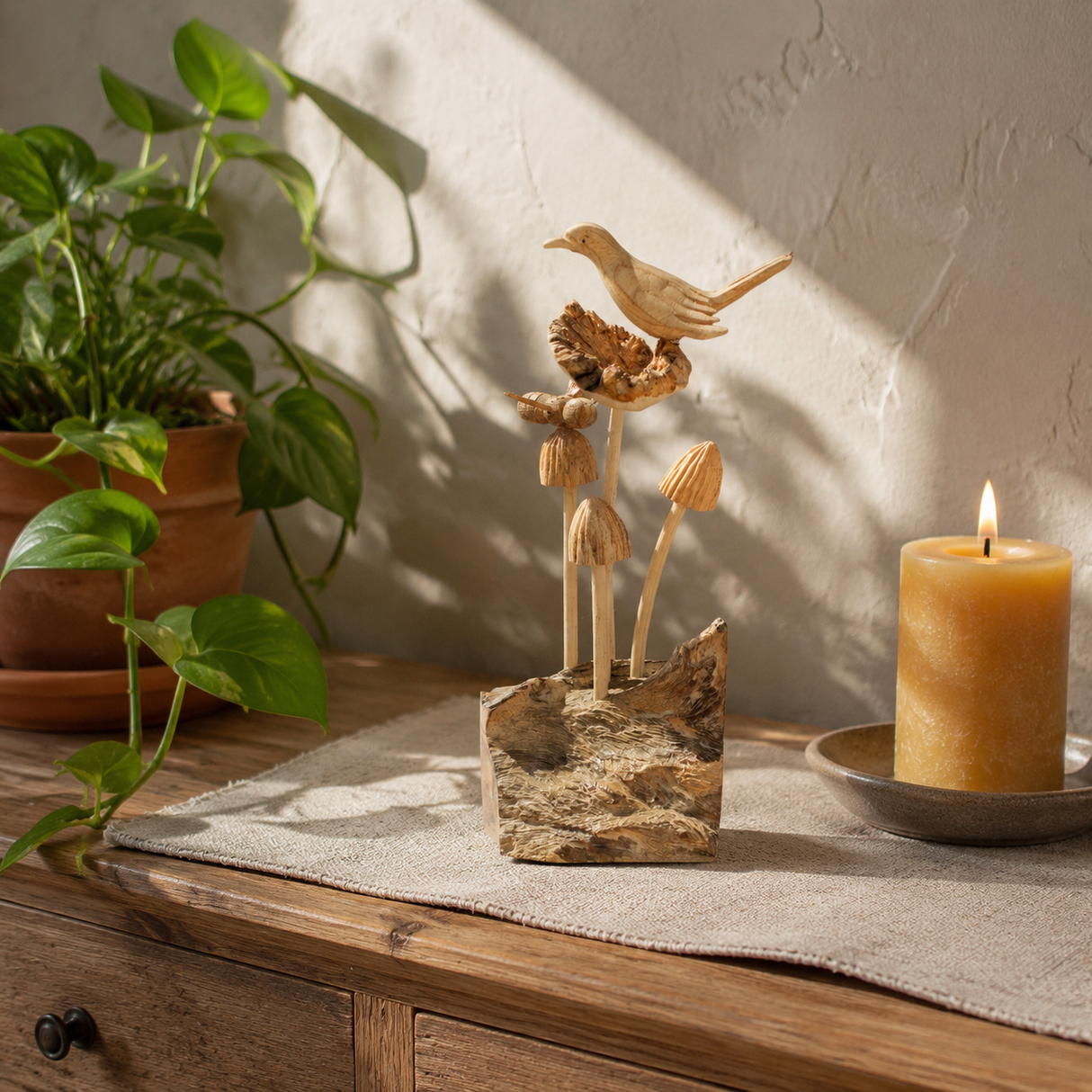 Sculpture en bois artisanale Parasite - Oiseau et Abeille sur Champignons