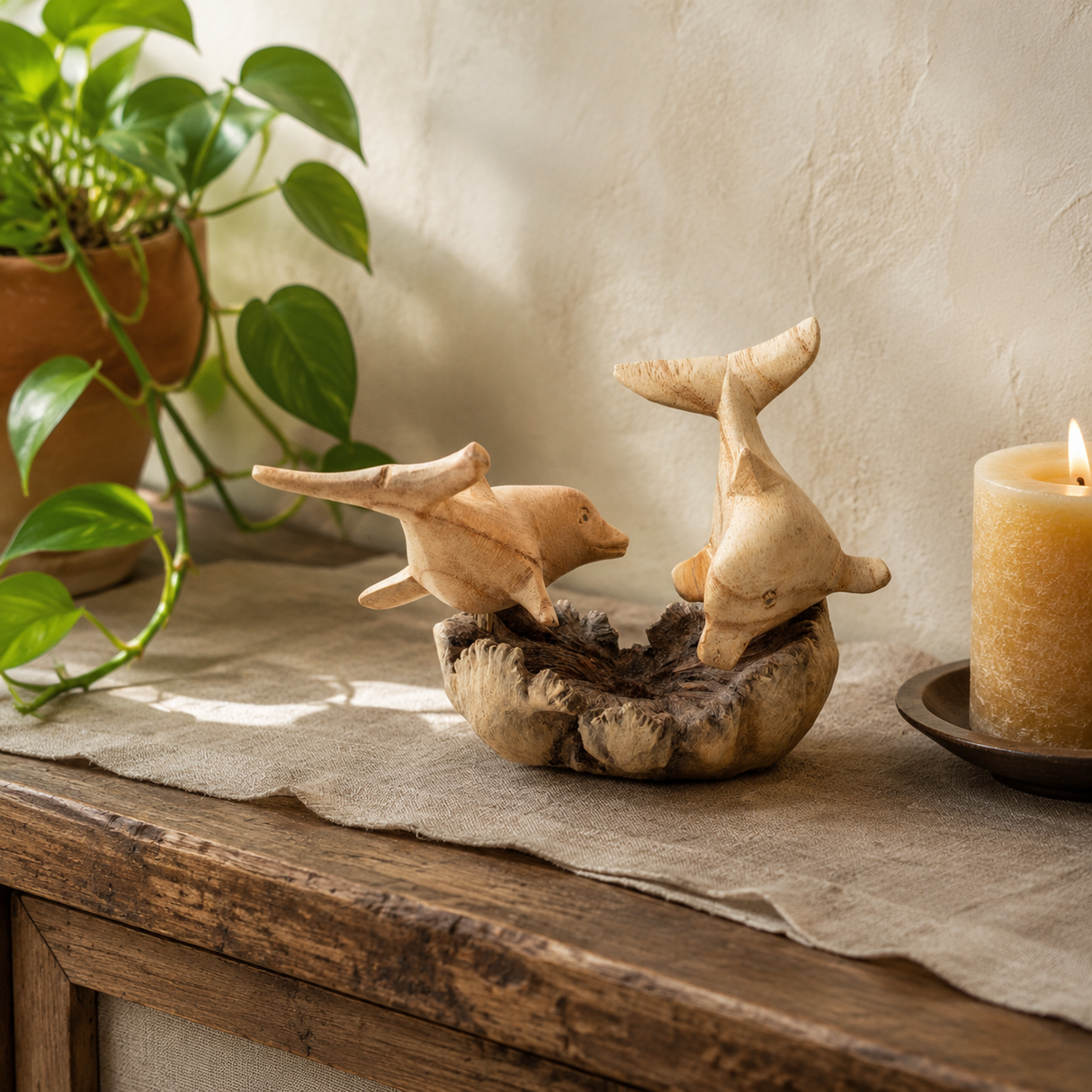 Sculpture en bois artisanale Parasite - Dauphins en jeu