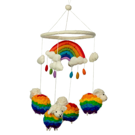 Handmade Rainbow Sheep Felt Baby Mobile - Whimsical Nursery Decor with Clouds and Raindrops - SHAMTAM.COM