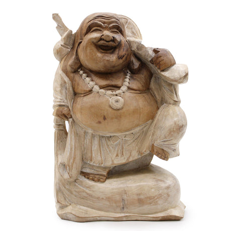 Happy Buddha Bring Wood - Whitewash 30cm - SHAMTAM.COM