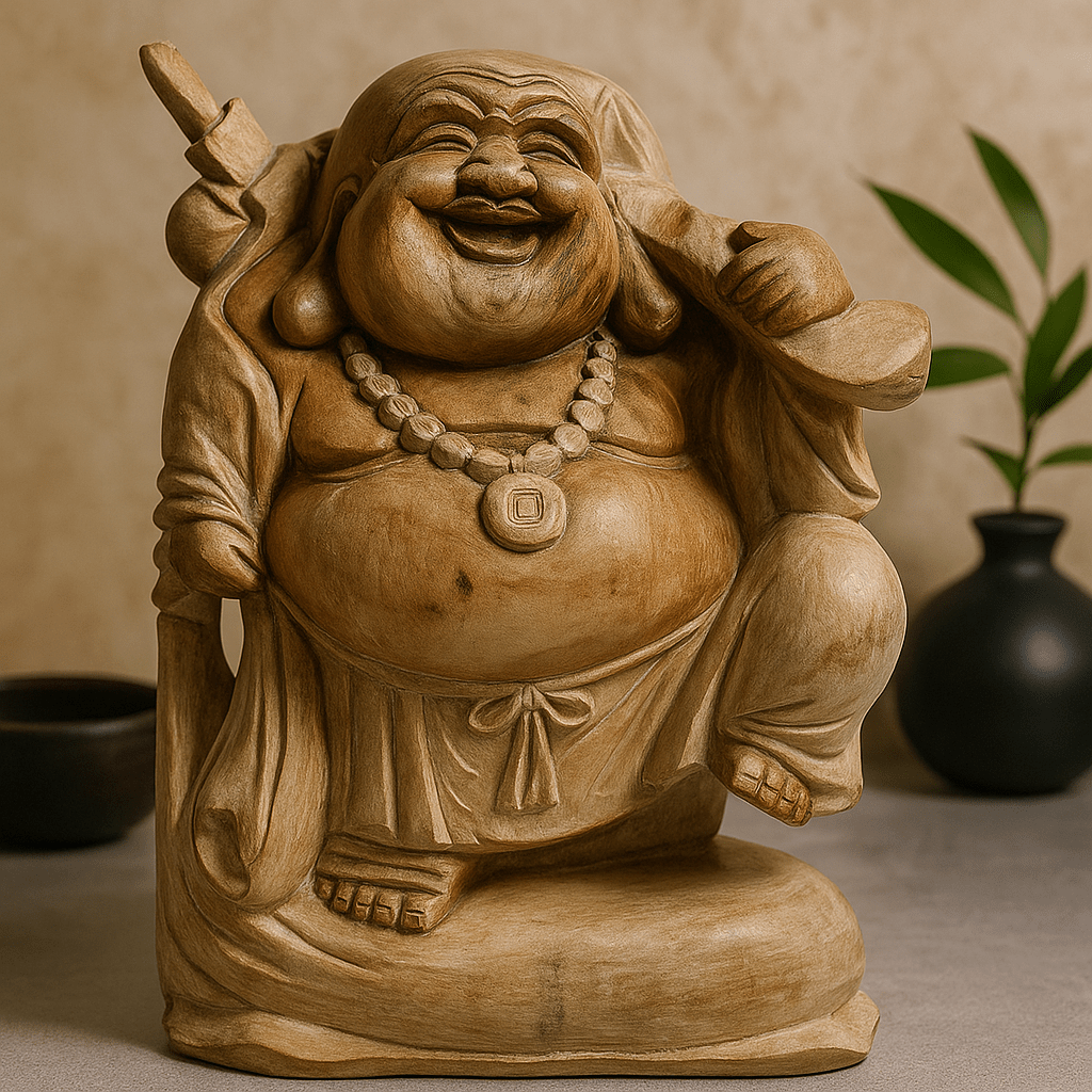 Happy Buddha Statue Bring Wood Whitewash 30cm - SHAMTAM.COM