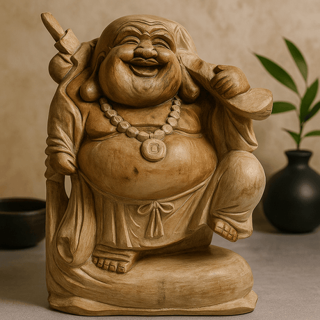 Happy Buddha Statue Bring Wood Whitewash 30cm - SHAMTAM.COM