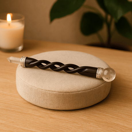 Healing Wand Wooden Spiral Carved Quartz Tip Sphere - SHAMTAM.COM