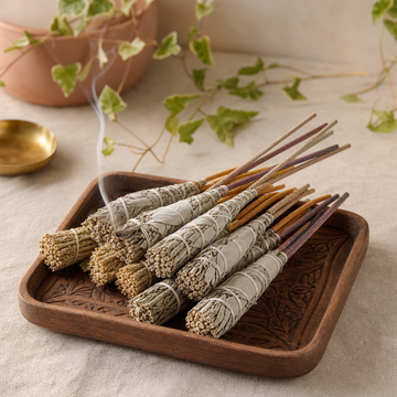 HEM Hexagonal Incense - White Sage Collection & Ashcatcher (asst pack 6) — styled in a warm, naturally lit interior