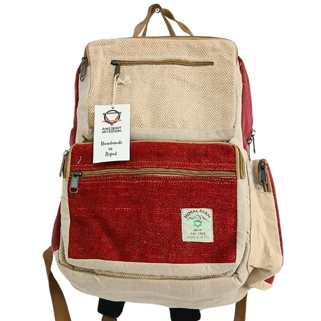 Handmade Large Boxy Hemp Backpack in Wine & Cream with Herringbone Pattern - Himalayan by Ancient Wisdom, Made in Nepal - SHAMTAM.COM