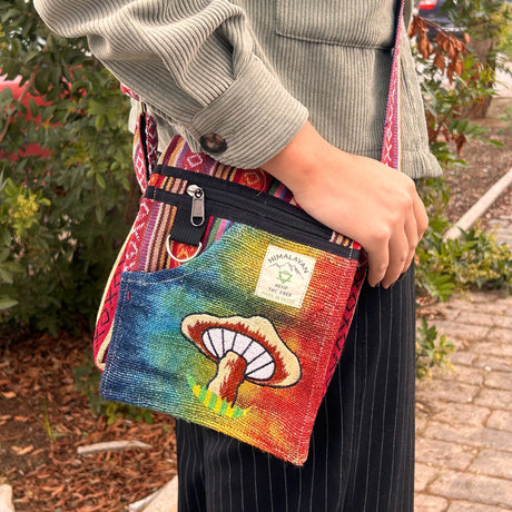 Handmade Himalayan Hemp Embroidery Mushroom Party Bag - Colorful Artisanal Design from Nepal - SHAMTAM.COM