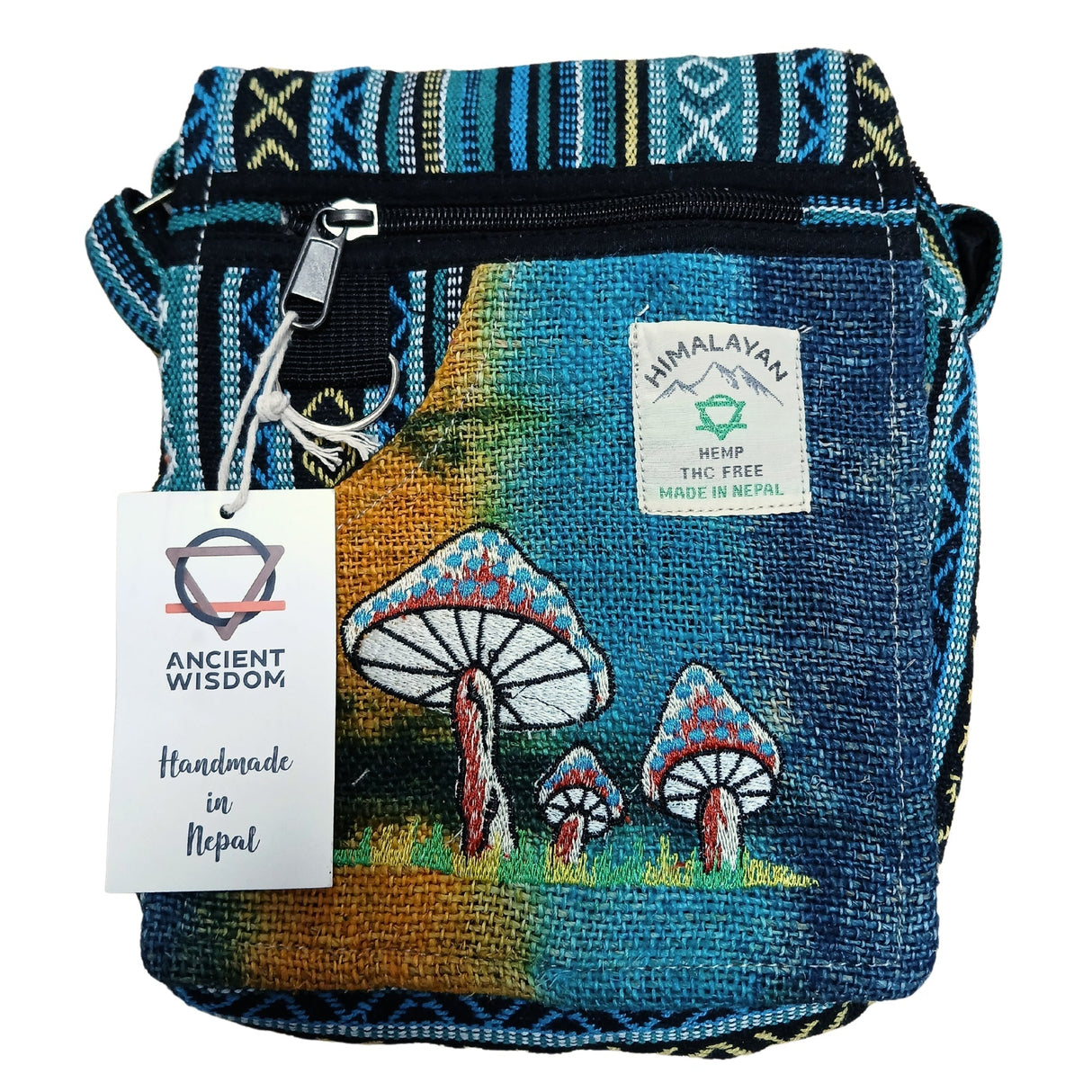 Handmade Hemp Embroidery Mushroom Shoulder Bag - Green Mushrooms Design, THC Free, Made in Nepal - SHAMTAM.COM