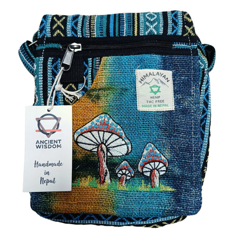 Handmade Hemp Embroidery Mushroom Shoulder Bag - Green Mushrooms Design, THC Free, Made in Nepal - SHAMTAM.COM