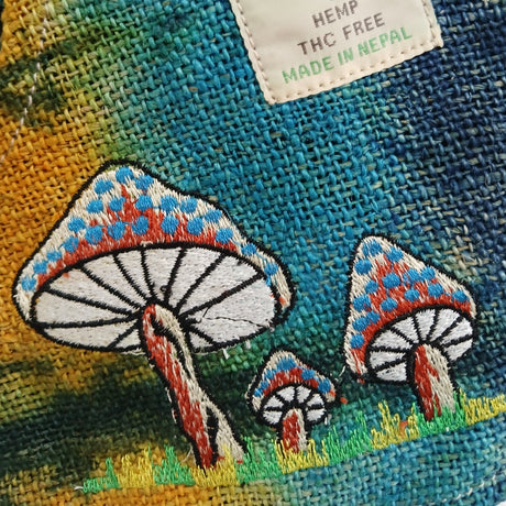 Handmade Hemp Embroidery Mushroom Shoulder Bag - Green Mushrooms Design, THC Free, Made in Nepal - SHAMTAM.COM