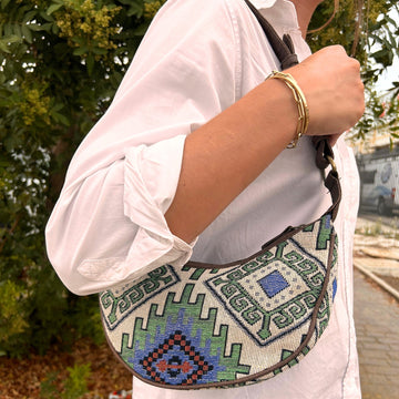 Hobo-Tasche Jacquard Geo-Grün Brauner Riemen