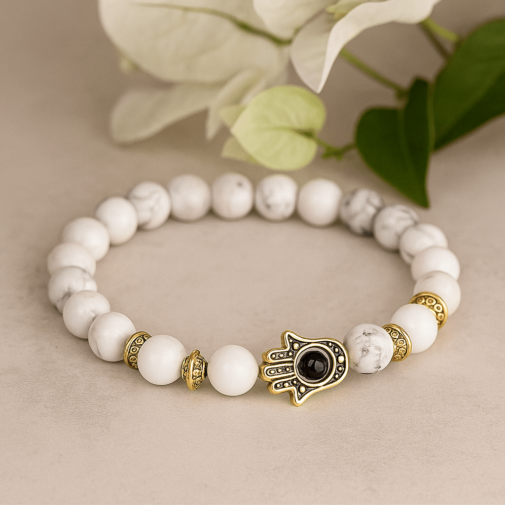 Howlite Stretch Bracelet with Gold Hamsa - SHAMTAM.COM